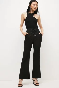 Deals ⭐ Karen Millen Compact Stretch Lace Up Wide Leg Trouser ✨ -Occasionwear Popular Store womens black compact stretch lace up wide leg trouser