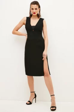 Wholesale 🎉 Karen Millen Compact Stretch Satin Panel Pencil Midi 👗 Dress - black 👏 -Occasionwear Popular Store womens black compact stretch satin panel pencil midi dress