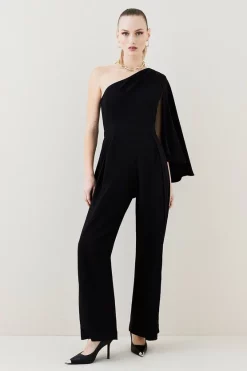 Hot Sale 🔥 Karen Millen Compact Viscose One Shoulder Cape Jumpsuit 🤩 -Occasionwear Popular Store womens black compact viscose one shoulder cape jumpsuit 1 1