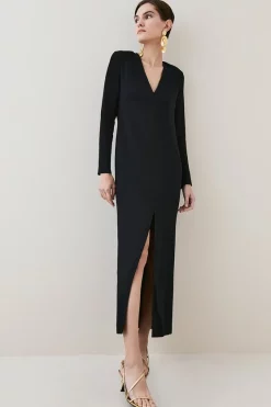 Cheapest 🎉 Karen Millen Compact Viscose Sleeved Split Front Maxi 👗 Dress 😀 -Occasionwear Popular Store womens black compact viscose sleeved split front maxi dress 1