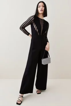 Best deal 🌟 Karen Millen Contrast Lace Detail Ponte Jumpsuit - black ⭐ -Occasionwear Popular Store womens black contrast lace detail ponte jumpsuit