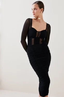 Cheapest ⭐ Karen Millen Corset Detail Ruched Mesh Jersey Midi 👗 Dress 🔔 -Occasionwear Popular Store womens black corset detail ruched mesh jersey midi dress