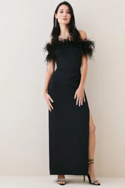 Budget 🎉 Karen Millen Feather Bardot Stretch Crepe Maxi 👗 Dress 🤩 -Occasionwear Popular Store womens black feather bardot stretch crepe maxi dress 1 2