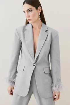 Outlet 🛒 Karen Millen Feather Cuff Detail Single Breasted Blazer ❤️ -Occasionwear Popular Store womens black feather cuff detail single breasted blazer 1