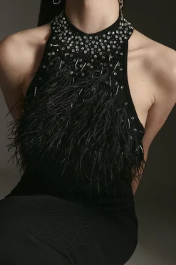 Hot Sale 🤩 Karen Millen Feather Embellished Knit Maxi 👗 Dress - black 💯 -Occasionwear Popular Store womens black feather embellished knit maxi dress