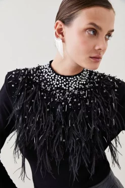 Best Sale 🌟 Karen Millen Feather Embellishment Mesh Detail Jumper - black ⌛ -Occasionwear Popular Store womens black feather embellishment mesh detail jumper