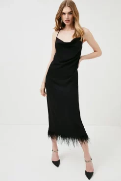 Hot Sale 🛒 Karen Millen Feather Hem Cowl Neck Cami Midaxi 👗 Dress 🔔 -Occasionwear Popular Store womens black feather hem cowl neck cami midaxi dress