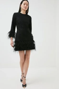 Promo ⌛ Karen Millen Feather Trimmed Sparkle Tweed Sleeved Mini 👗 Dress - black 😍 -Occasionwear Popular Store womens black feather trimmed sparkle tweed sleeved mini dress