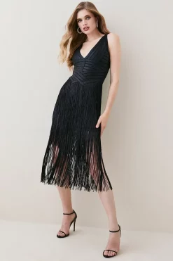 Best deal ๐ Karen Millen Foiled Bandage Knit Fringe Tiered Midi ๐ Dress ๐งจ 14 Best deal ๐ Karen Millen Foiled Bandage Knit Fringe Tiered Midi ๐ Dress ๐งจ -Occasionwear Popular Store womens black foiled bandage knit fringe tiered midi dress
