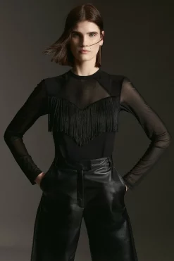Budget ๐งจ Karen Millen Fringe Trim Mesh Detail Ponte Body - black ๐งจ 15 Budget ๐งจ Karen Millen Fringe Trim Mesh Detail Ponte Body - black ๐งจ -Occasionwear Popular Store womens black fringe trim mesh detail ponte body