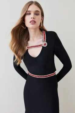 Wholesale 🌟 Karen Millen Gem Trim Bandage Knit Long Sleeve Top - black ⌛ -Occasionwear Popular Store womens black gem trim bandage knit long sleeve top