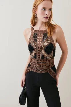 Discount ⭐ Karen Millen Guipure Metallic Lace Wide Leg Jumpsuit - black 💯 -Occasionwear Popular Store womens black guipure metallic lace wide leg jumpsuit