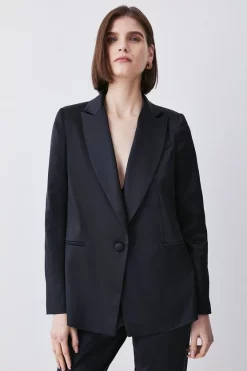 New 🔔 Karen Millen Italian Structured Satin Tailored Single Breasted Jacket 🔥 14 New 🔔 Karen Millen Italian Structured Satin Tailored Single Breasted Jacket 🔥 -Occasionwear Popular Store womens black italian structured satin tailored single breasted jacket