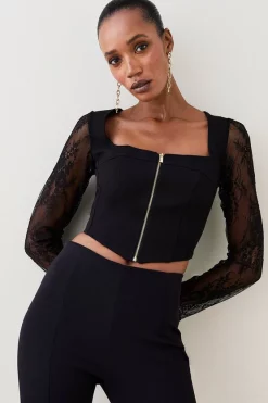 Promo ✔️ Karen Millen Lace Corset Detail Ponte Top - black 🧨 -Occasionwear Popular Store womens black lace corset detail ponte top