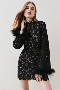 Flash Sale 🧨 Karen Millen Lace Feather Woven Mini 👗 Dress - black 🔥 -Occasionwear Popular Store womens black lace feather woven mini dress
