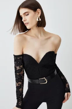 Cheapest 👏 Karen Millen Lace Plunge Ponte Long Sleeve Belted Bodysuit - black 😉 -Occasionwear Popular Store womens black lace plunge ponte long sleeve belted bodysuit
