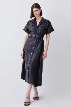 Flash Sale 🤩 Karen Millen Leather Belted Button Detail 👕 Shirt Midi 👗 Dress - black 👏 -Occasionwear Popular Store womens black leather belted button detail shirt midi dress