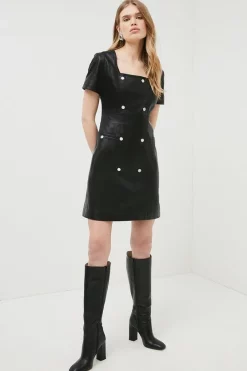 Cheapest ✨ Karen Millen Leather Button A Line Short Sleeve Mini 👗 Dress ✨ -Occasionwear Popular Store womens black leather button a line short sleeve mini dress
