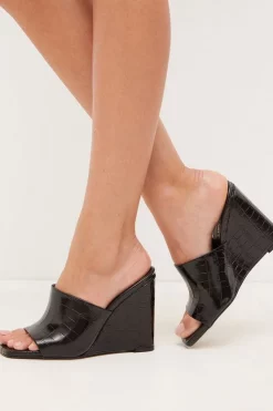 Best deal 🎉 Karen Millen Leather Croc Wedge Open Toe Mules - black ✔️ -Occasionwear Popular Store womens black leather croc wedge open toe mules