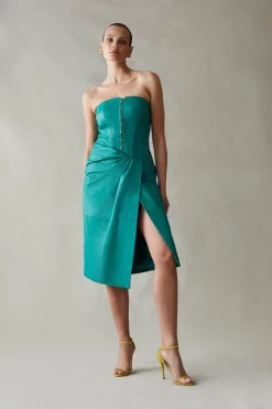 Cheap ✔️ Karen Millen Leather Eyelet Corset Draped Midi 👗 Dress ​ ❤️ -Occasionwear Popular Store womens black leather eyelet corset draped midi dress E2808B