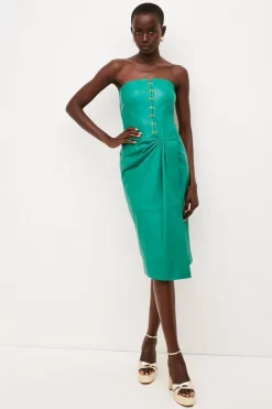 Cheap ✔️ Karen Millen Leather Eyelet Corset Draped Midi 👗 Dress ​ ❤️ -Occasionwear Popular Store womens black leather eyelet corset draped midi dress E2808B 3