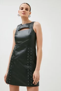 Flash Sale 🎁 Karen Millen Leather Lace Detail Cut Out A Line Mini 👗 Dress 🌟 -Occasionwear Popular Store womens black leather lace detail cut out a line mini dress 1