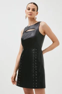 Flash Sale 🎁 Karen Millen Leather Lace Detail Cut Out A Line Mini 👗 Dress 🌟 -Occasionwear Popular Store womens black leather lace detail cut out a line mini dress