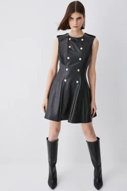 Budget 🔥 Karen Millen Leather Military Button Flippy Mini 👗 Dress 🌟 -Occasionwear Popular Store womens black leather military button flippy mini dress 1