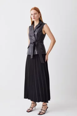 Best deal 🛒 Karen Millen Leather Sleeveless Wrap Pleat 👗 Skirt Midi 👗 Dress - black 👏 -Occasionwear Popular Store womens black leather sleeveless wrap pleat skirt midi dress
