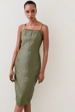 Outlet 🤩 Karen Millen Leather Strap & Bar Pencil Midi 👗 Dress ❤️ -Occasionwear Popular Store womens black leather strap bar pencil midi dress