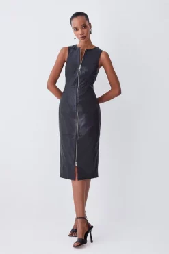Coupon 🤩 Karen Millen Leather Zip Though Pencil Midi 👗 Dress 😀 -Occasionwear Popular Store womens black leather zip though pencil midi dress