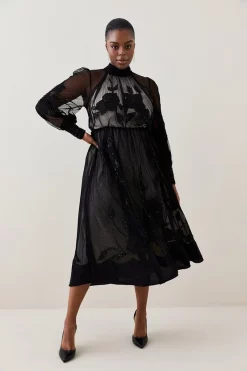 Coupon 👏 Karen Millen Lydia Millen Plus Floral Applique Mesh Woven Midi 👗 Dress - black 🎁 -Occasionwear Popular Store womens black lydia millen plus floral applique mesh woven midi dress