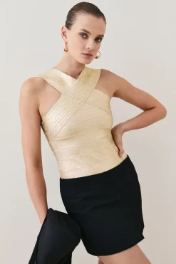 Cheapest ⌛ Karen Millen Metallic Bandage Knit Cross Front Zip Top 😀 -Occasionwear Popular Store womens black metallic bandage knit cross front zip top 1