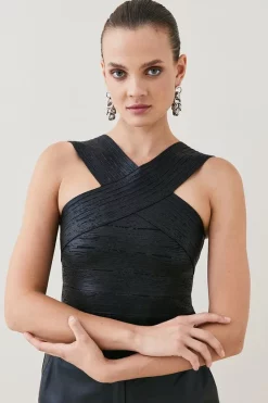 Cheapest ⌛ Karen Millen Metallic Bandage Knit Cross Front Zip Top 😀 -Occasionwear Popular Store womens black metallic bandage knit cross front zip top