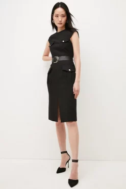 Wholesale 🔥 Karen Millen Military Pocket Detail Pencil Midi 👗 Dress - black ❤️ -Occasionwear Popular Store womens black military pocket detail pencil midi dress