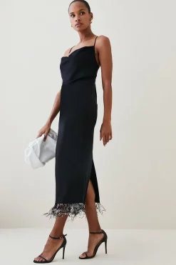 Budget 🔔 Karen Millen Mono Feather Hem Cowl Neck Cami Midaxi 👗 Dress - black ✔️ -Occasionwear Popular Store womens black mono feather hem cowl neck cami midaxi dress