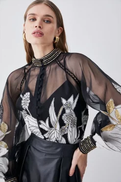Best deal 🎁 Karen Millen Organdie Applique Buttoned Woven Blouse - black 🥰 -Occasionwear Popular Store womens black organdie applique buttoned woven blouse
