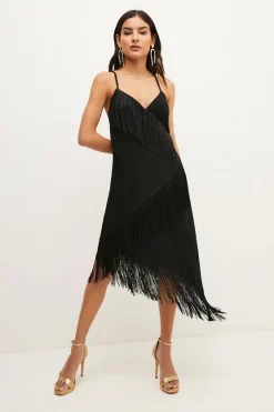 Discount 🤩 Karen Millen Petite Asymmetric Fringe Strappy Cami Midi 👗 Dress - black 💯 -Occasionwear Popular Store womens black petite asymmetric fringe strappy cami midi dress