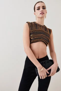 Coupon 🛒 Karen Millen Petite Geometric Beaded Armour Woven Crop Top ⭐ -Occasionwear Popular Store womens black petite geometric beaded armour woven crop top