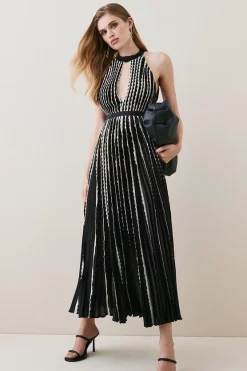 Hot Sale 🎁 Karen Millen Petite Pleat Lace Insert Woven Halter Maxi - black 🎉 -Occasionwear Popular Store womens black petite pleat lace insert woven halter maxi