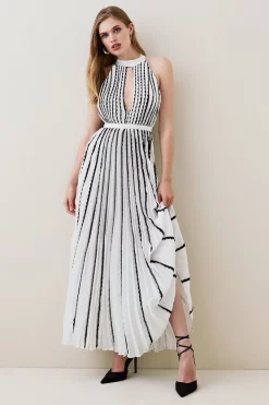 Wholesale 🎉 Karen Millen Pleat Lace Insert Drama Woven Halter Maxi 🔥 -Occasionwear Popular Store womens black pleat lace insert drama woven halter maxi 1