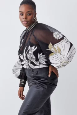 Outlet 😀 Karen Millen Plus Organdie Applique Buttoned Woven Blouse - black 👍 -Occasionwear Popular Store womens black plus organdie applique buttoned woven blouse