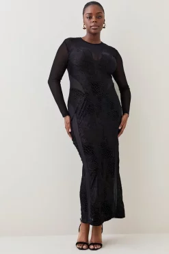 New 🧨 Karen Millen Plus Size Devoure Velvet Lace Detail Jersey Maxi 👗 Dress - black ✨ -Occasionwear Popular Store womens black plus size devoure velvet lace detail jersey maxi dress