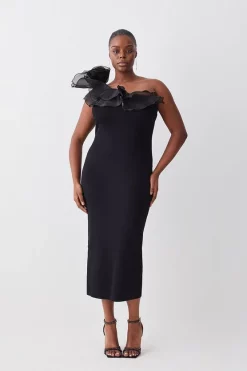 Outlet ๐ Karen Millen Plus Size One Shoulder Organza Flower Detail Knit Midi ๐ Dress - black โญ 11 Outlet ๐ Karen Millen Plus Size One Shoulder Organza Flower Detail Knit Midi ๐ Dress - black โญ -Occasionwear Popular Store womens black plus size one shoulder organza flower detail knit midi dress