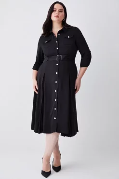Cheapest 😉 Karen Millen Plus Size Soft Tailored Pleat Panel Sleeved Belted Midi 👗 Dress ⭐ -Occasionwear Popular Store womens black plus size soft tailored pleat panel sleeved belted midi dress 1 1