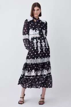 Discount 🧨 Karen Millen Polka Dot Mix Lace & Embroidery Maxi 👗 Dress - black 🌟 -Occasionwear Popular Store womens black polka dot mix lace embroidery maxi dress