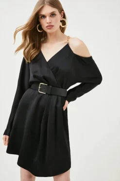 Budget ๐ Karen Millen Satin Crepe Chain Trim Draped Mini ๐ Dress ๐ 13 Budget ๐ Karen Millen Satin Crepe Chain Trim Draped Mini ๐ Dress ๐ -Occasionwear Popular Store womens black satin crepe chain trim draped mini dress