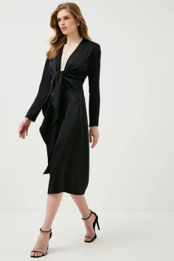 Discount 🥰 Karen Millen Satin Crepe Tie Front Midi 👗 Dress ⌛ -Occasionwear Popular Store womens black satin crepe tie front midi dress