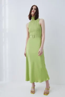 Brand new ⌛ Karen Millen Satin 👗 Skirt Sleeveless Rib Knit Mix Midi 👗 Dress 🎁 -Occasionwear Popular Store womens black satin skirt sleeveless rib knit mix midi dress