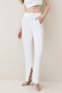 Best Sale ⌛ Karen Millen Satin Tailored Slim Leg Diamante Trim Trouser 😍 -Occasionwear Popular Store womens black satin tailored slim leg diamante trim trouser